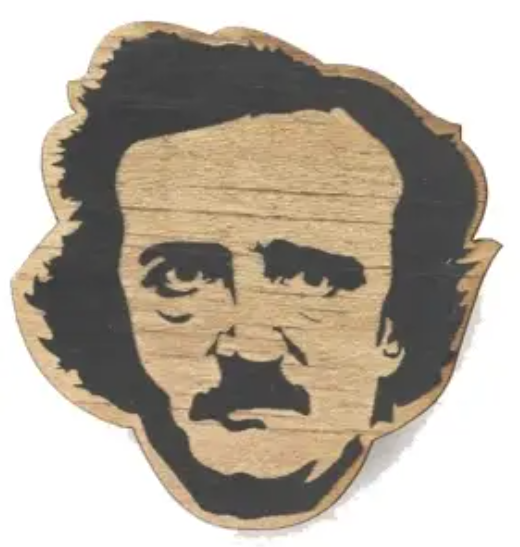 LetterCraft – wholesale Skämtpresent/liten present – Edgar Allen Poe - Träprydnad, Magnet, Nyckelring, Pin0