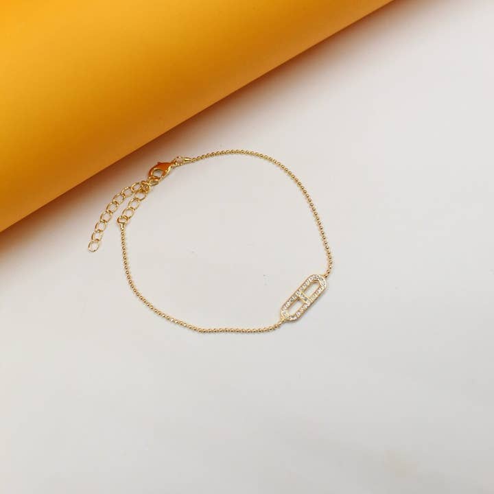 Dainty Ball Armband med Zirconia Paper Clip Charm för 18K guld fylld (I72) för wholesale av MIA Jewelry