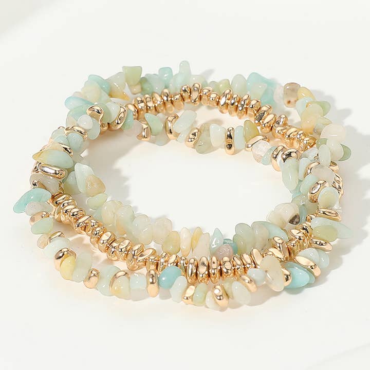 Sensibling Corp. - Wholesale Jewelry Set - 3PCS Natural Stone Metal Bead Stretch Multi Layered Bracelet