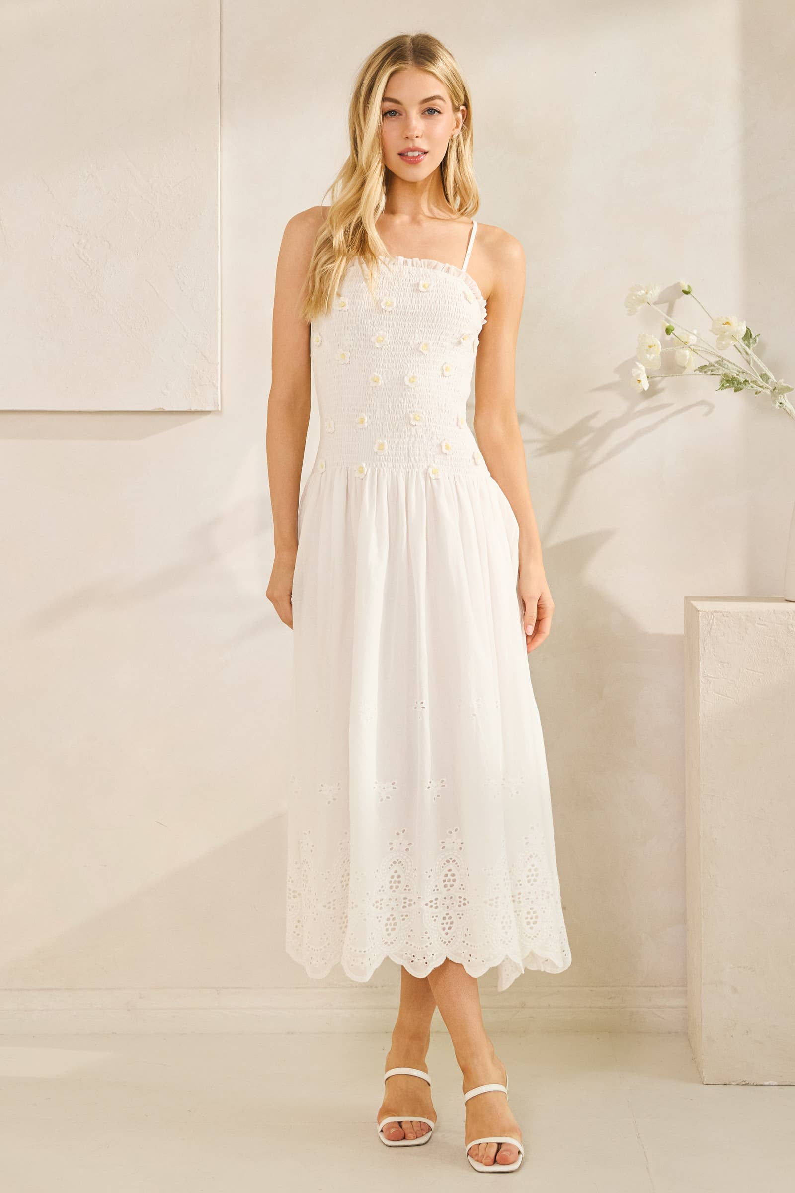 White NEGRIL FLOWER SMOCKING EYELET DRESS (ST#FSWD5315) for wholesale on Faire