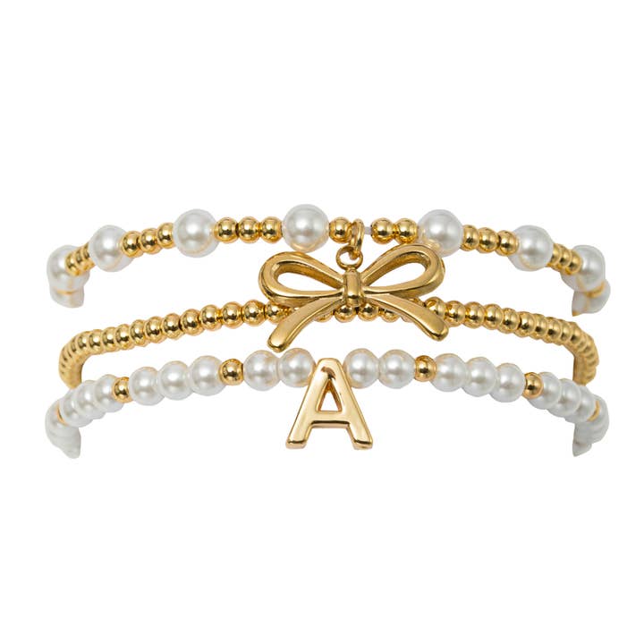 18K Gold Plated Set of 3 Pearl Bracelet with Bow & "A" for wholesale by Jane Marie
