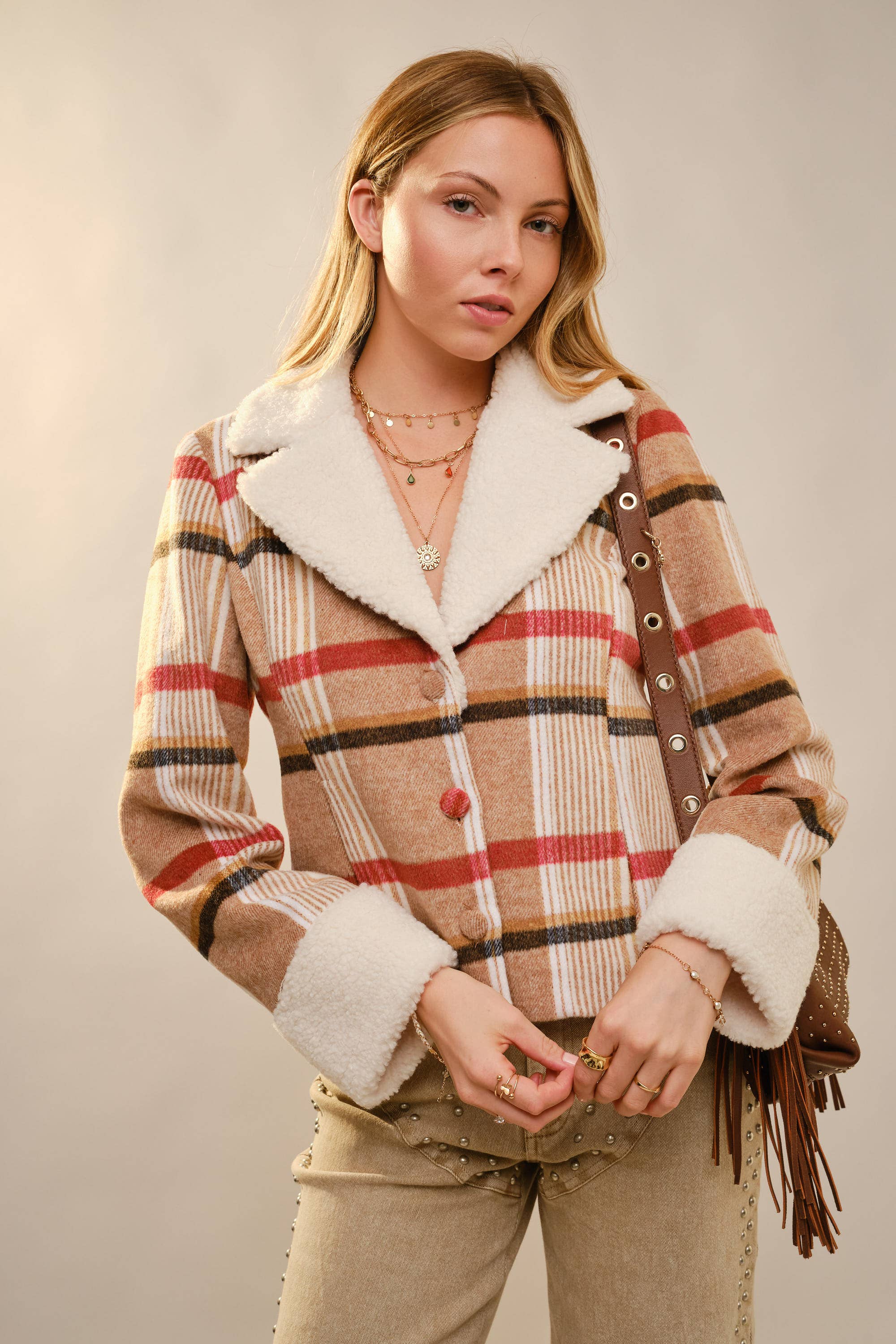 MOCHA MULTI 93711J Sherpa Collar Plaid Jacket for wholesale on Faire2