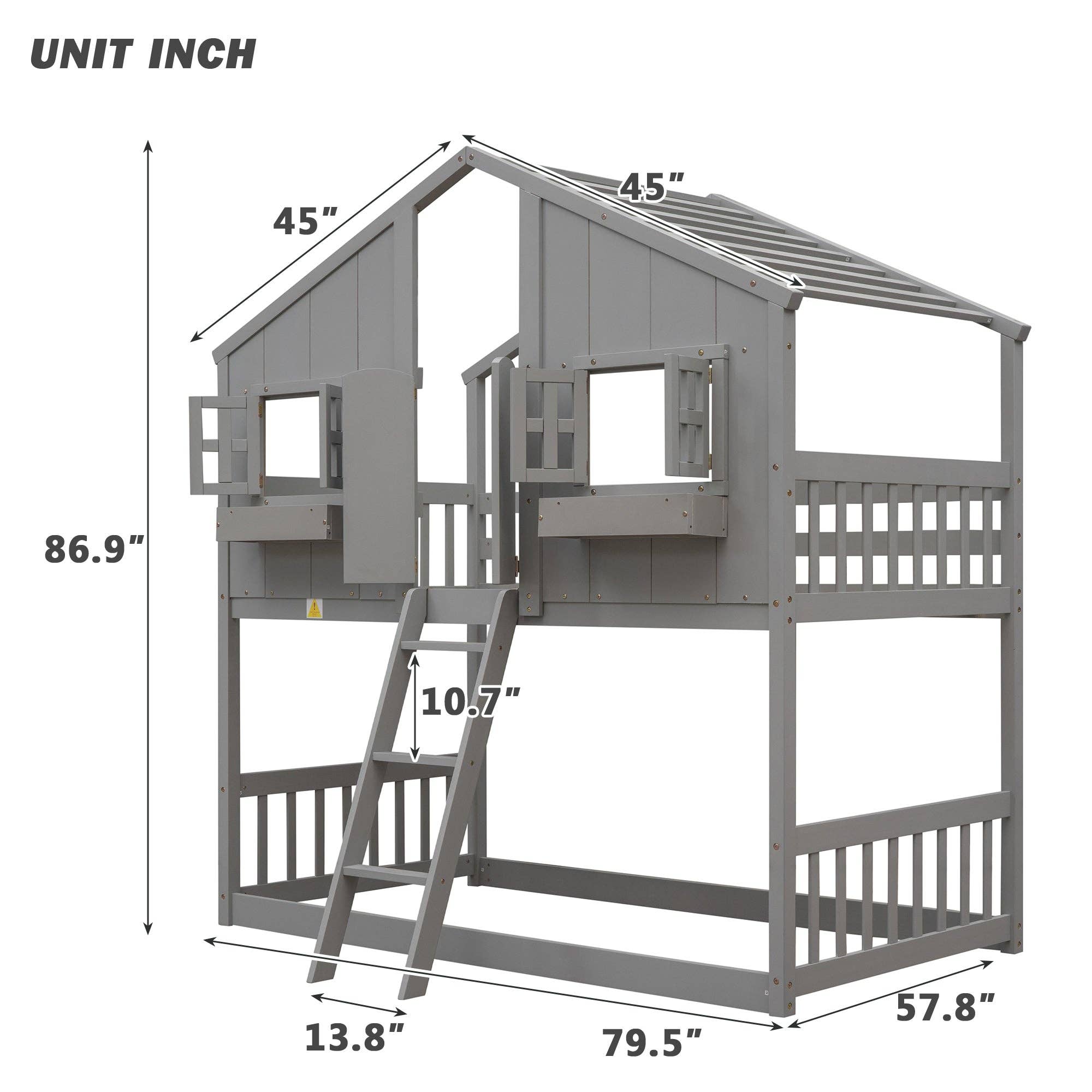 39F Inc. - Wholesale Bed - Kids & Baby - Grey Twin over Twin House Bunk Bed with Roof, Guardrails 9