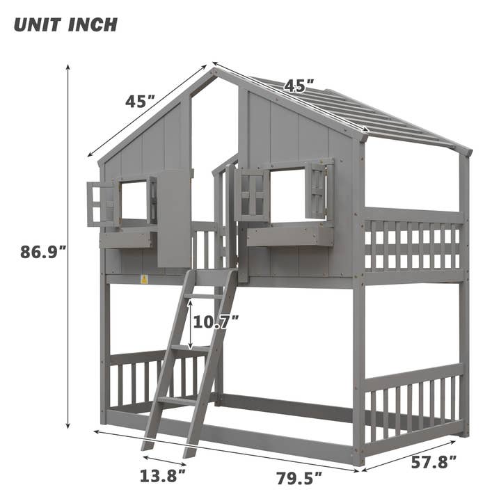 39F Inc. - Wholesale Bed - Kids & Baby - Grey Twin over Twin House Bunk Bed with Roof, Guardrails 9