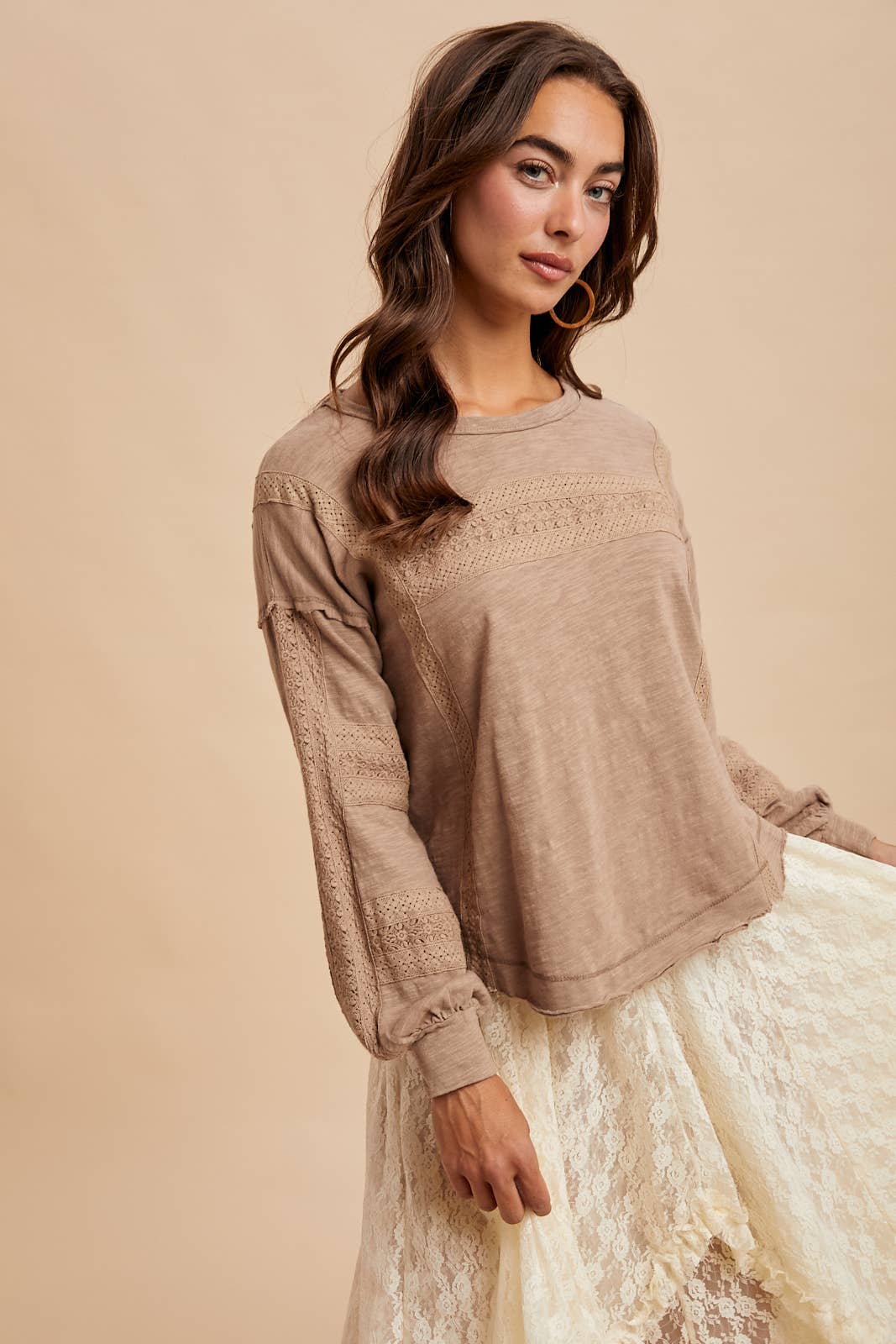 In Loom - Wholesale Blouse - Women's - GARMENT WASHED LACE INSET LONG SLEEVE TOP3