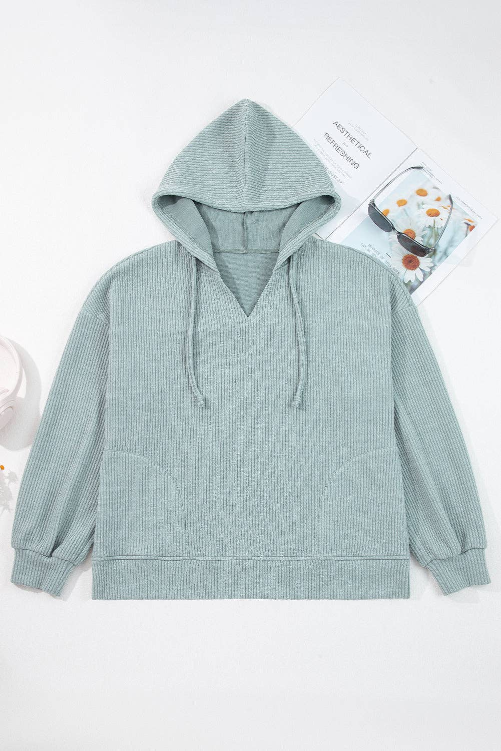Lovesoft - Vente Sweat à capuche – femme - Hoodie en maille côtelée à épaules tombantes Aqua Clearly1