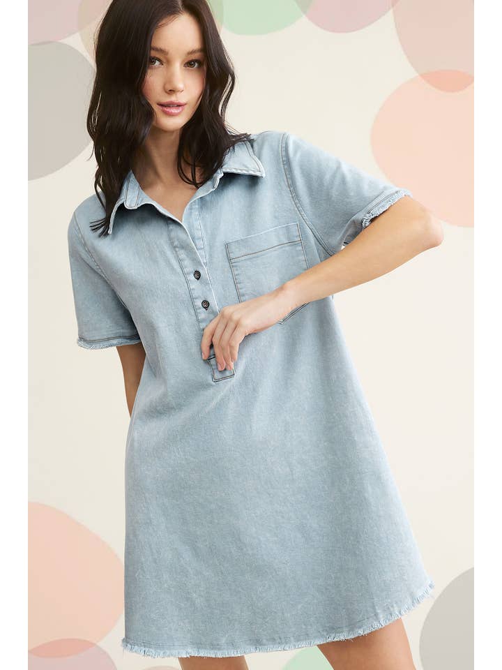 Cielo MCD9319-Abito a tunica in denim chiaro con bordo grezzo lavato minerale in vendita all'ingrosso su Faire6