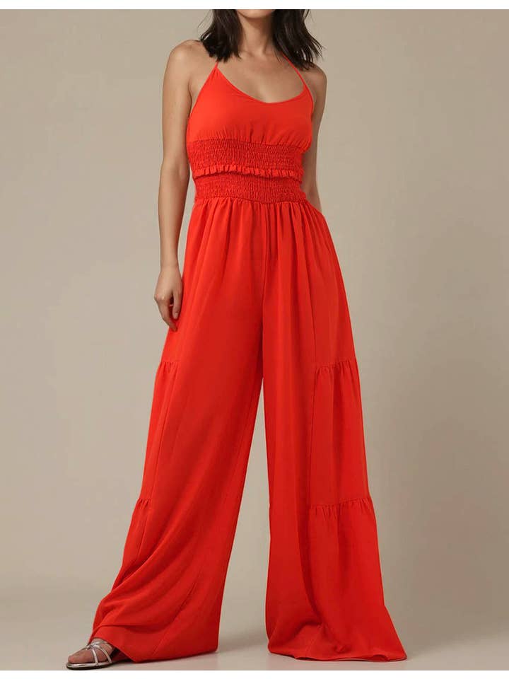 Red Ladies Halter Overall Elastic Waist Wide Leg Jumpsuit SKJ5KC901 for wholesale on Faire