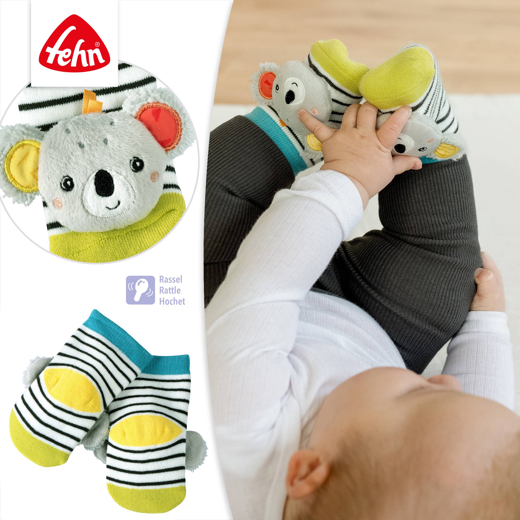 Fehn – Großhandel Socken – Baby – Rasselsocken Koala - Lernspielzeug von 0-12 Monate3