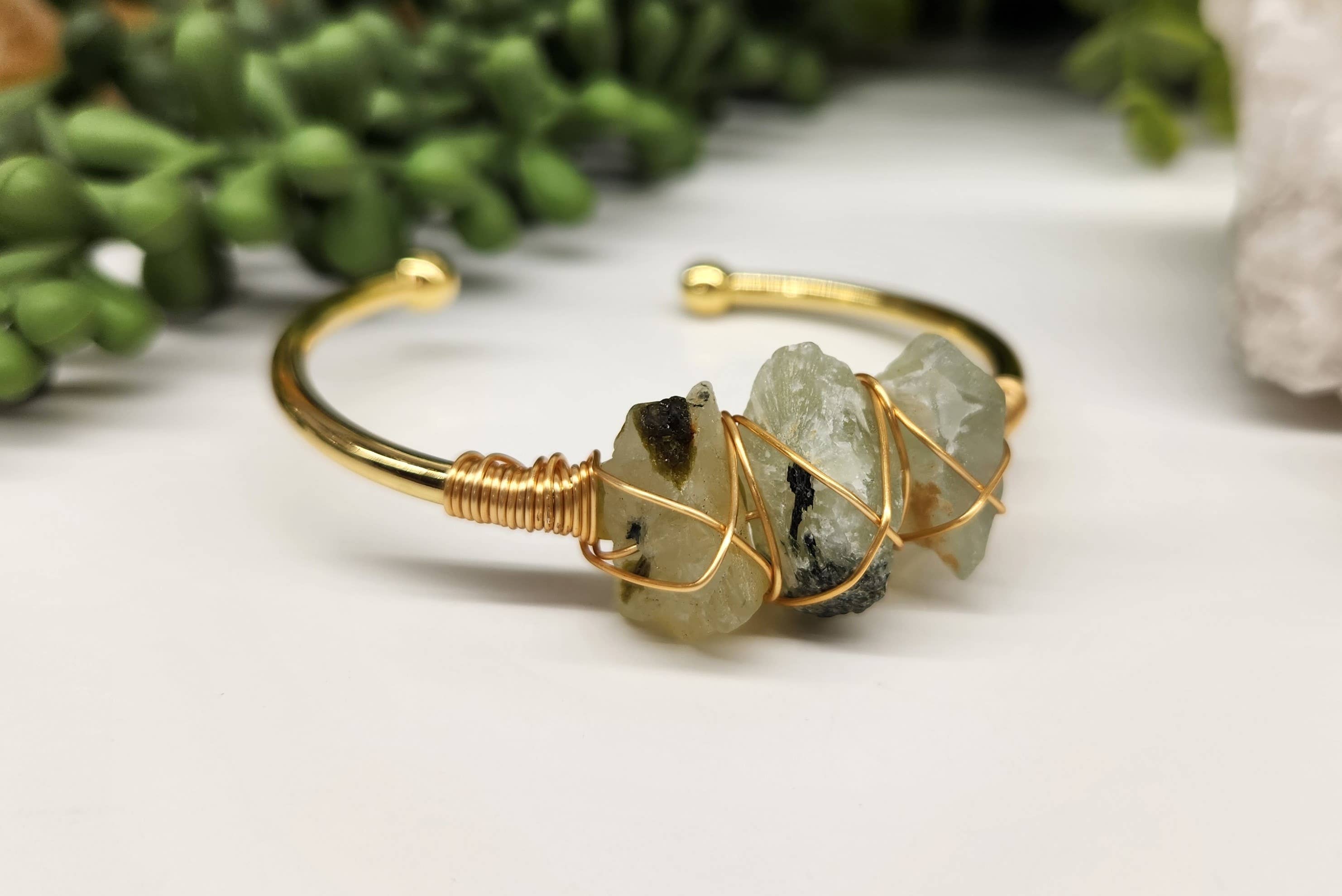 Meraki Gemstones - Wholesale Cuff Bracelet - Prehnite 3 Rough Gemstones Wire Wrapped Bangle Bracelet2