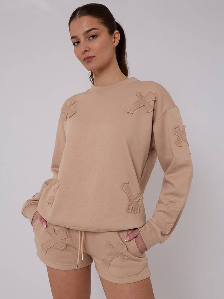 AX Labels - Wholesale Lounge Set - Women's - Crucifix Embroidered Sweatshirt & Shorts Fleece Co-ord28