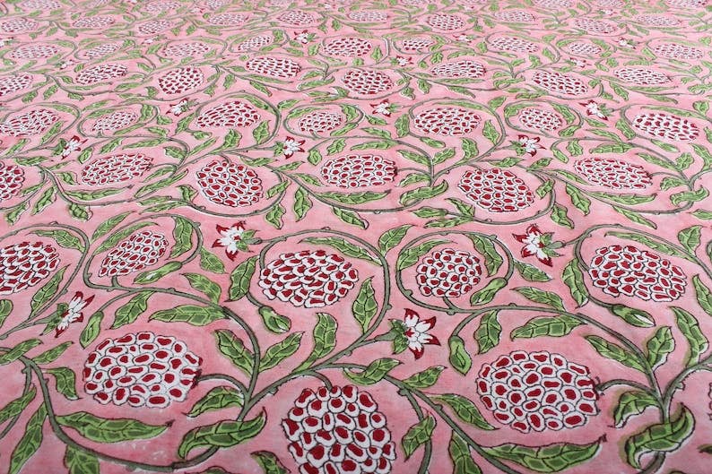 Fabricrush - Wholesale Fabric - Strawberry Pink, Green Indian Hand Block Print Fabric2
