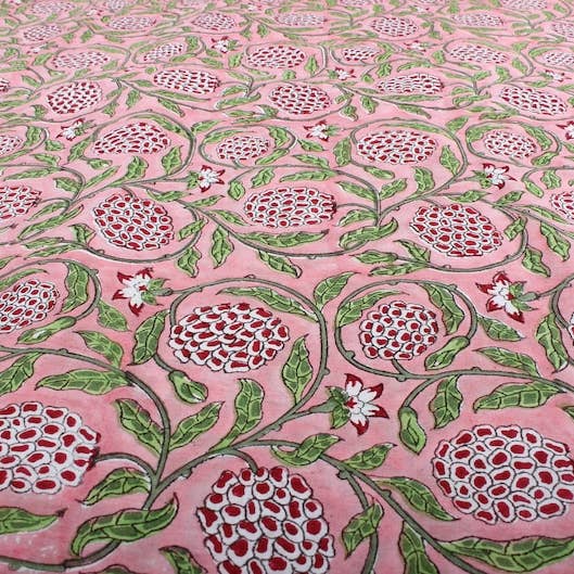 Fabricrush - Wholesale Fabric - Strawberry Pink, Green Indian Hand Block Print Fabric2