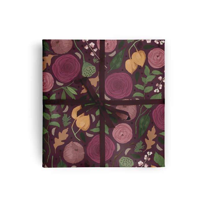 Wildwood Paper - Wholesale Flat Wrap - Plum Floral Luxury Gift Wrap Botanical Wrapping Paper Sheet