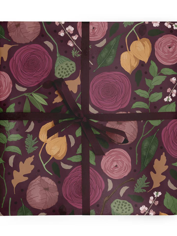 Plum Floral Luxury Gift Wrap Botanical Wrapping Paper Sheet for wholesale by Wildwood Paper