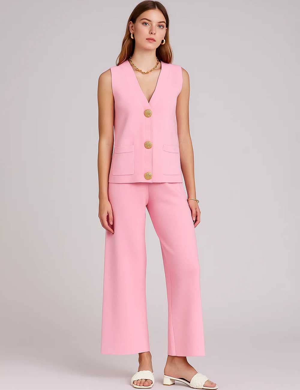 Sweetkama - Vendita all'ingrosso Completo top e pantaloni (NON loungewear) - Donna - Completo 2 pezzi: Gilet e Pantaloni a Maglia con Bottoni e Scollo a V a Tinta Unita da Donna2