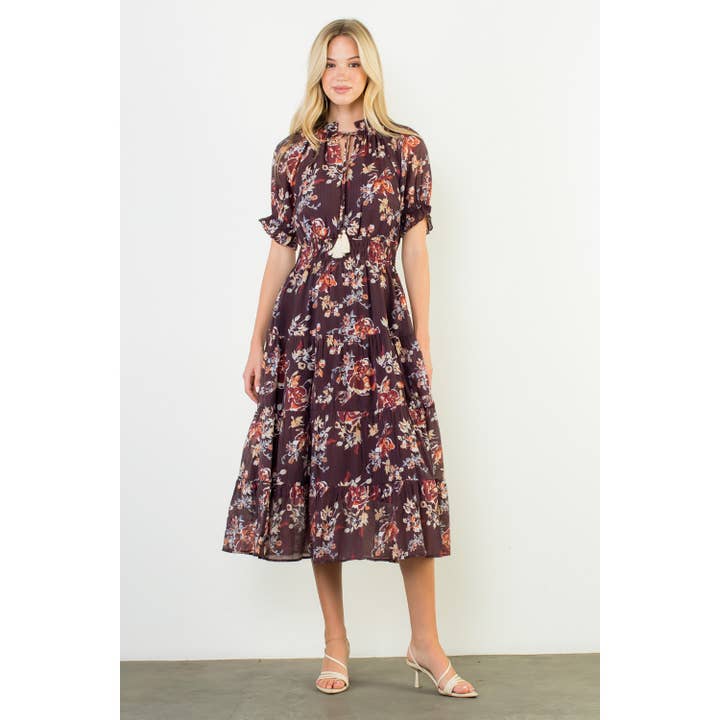 BURGUNDY Short Sleeve Floral Maxi Dress for wholesale on Faire