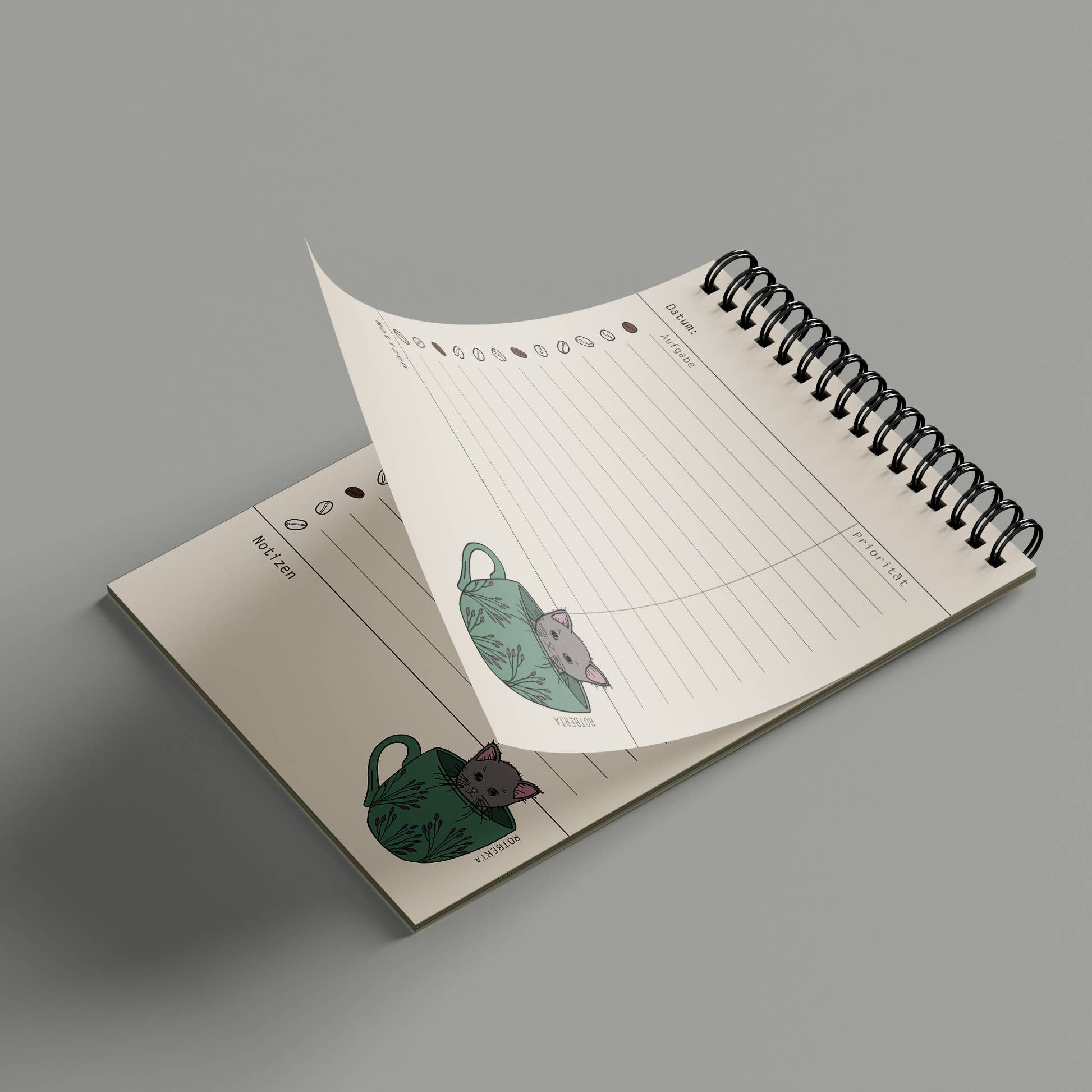 Rotberta - Vente Blocs-notes - Bloc-notes à spirale DIN A6 avec anneaux - chat avec tasse de café1