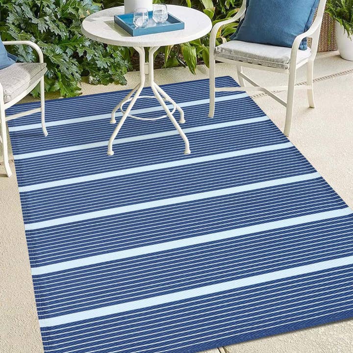 Taksha Inline Stripes Blue Outdoor Rugs for wholesale by Masterpiece Collection LLC