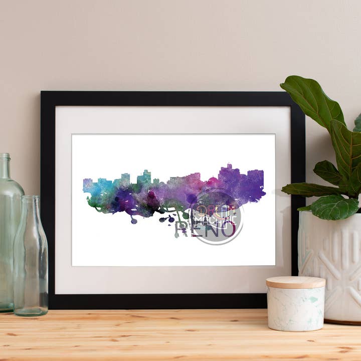 Horizon aquarelle Reno, horizon de Reno, art de Reno, affiche de Reno, impression de Reno, art de Reno, carte de Reno, art mural Reno, art du Nevada WCS129 pour la vente par DreamMachine Prints