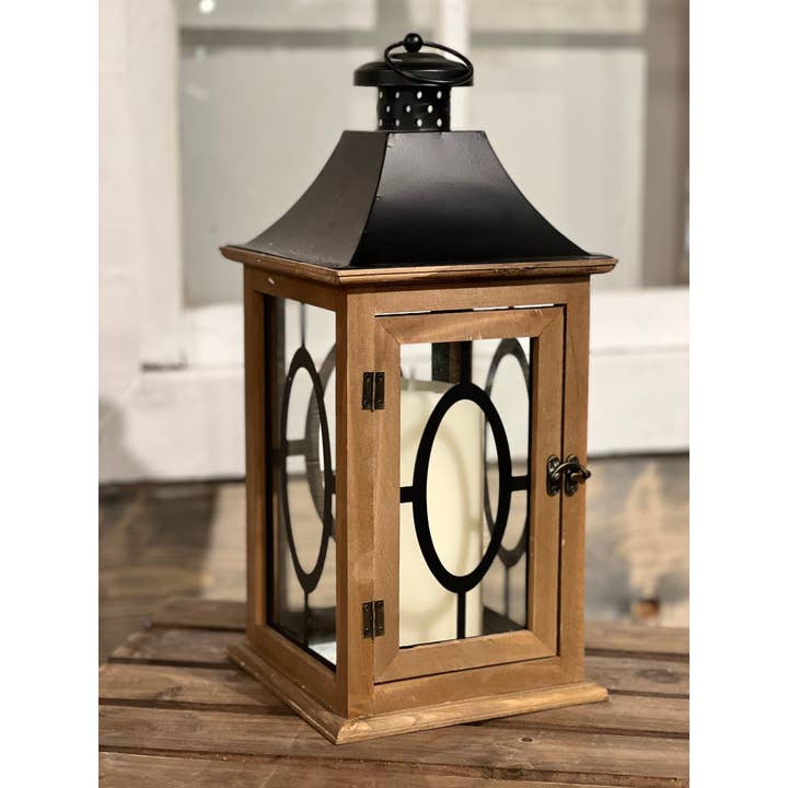 17" Wood Lantern with Black Metal Top for wholesale by Tremont Floral Supplies