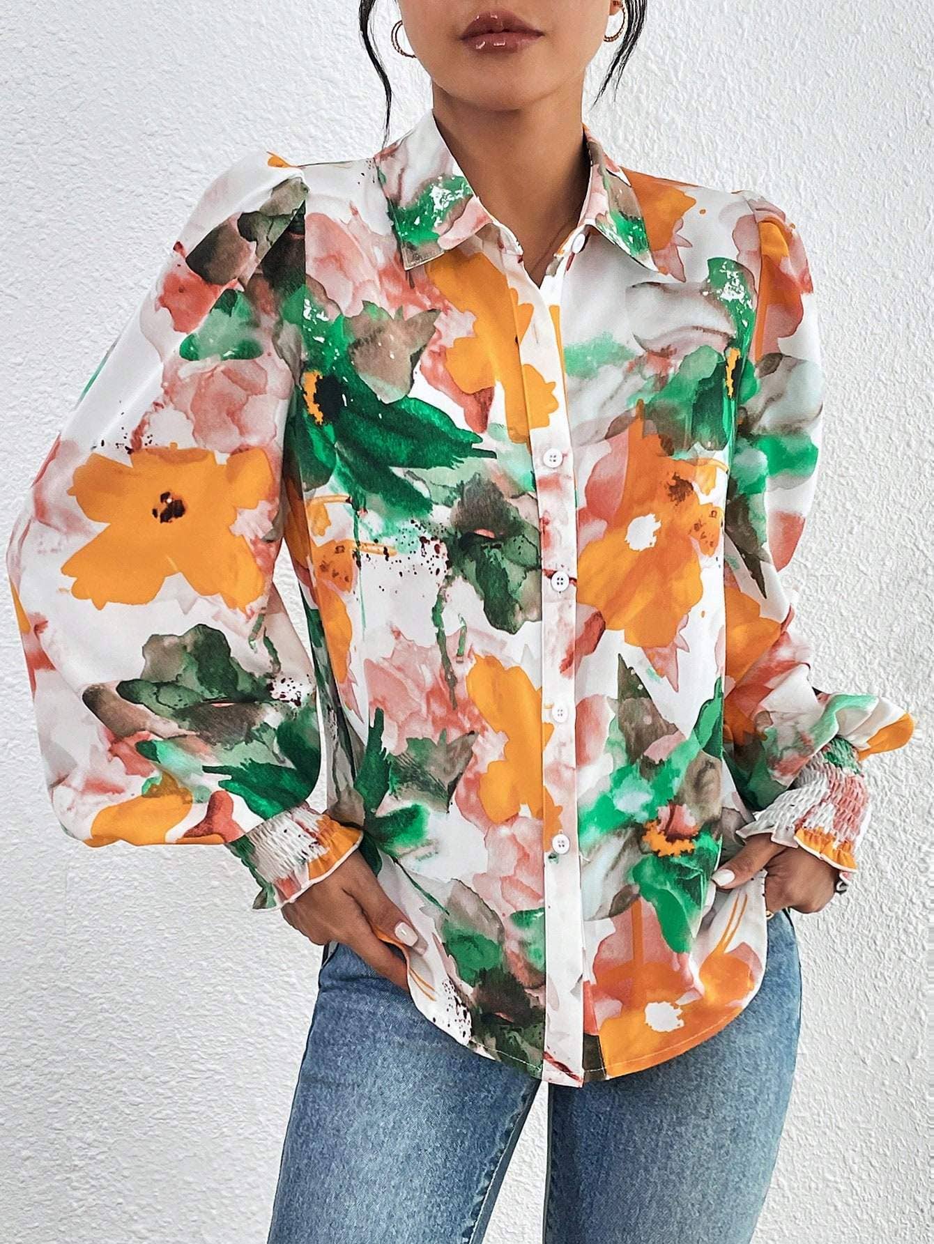 Fashion Combination - Wholesale Button Down Shirt - Women's - priv floral print lantern sleeve shirt28