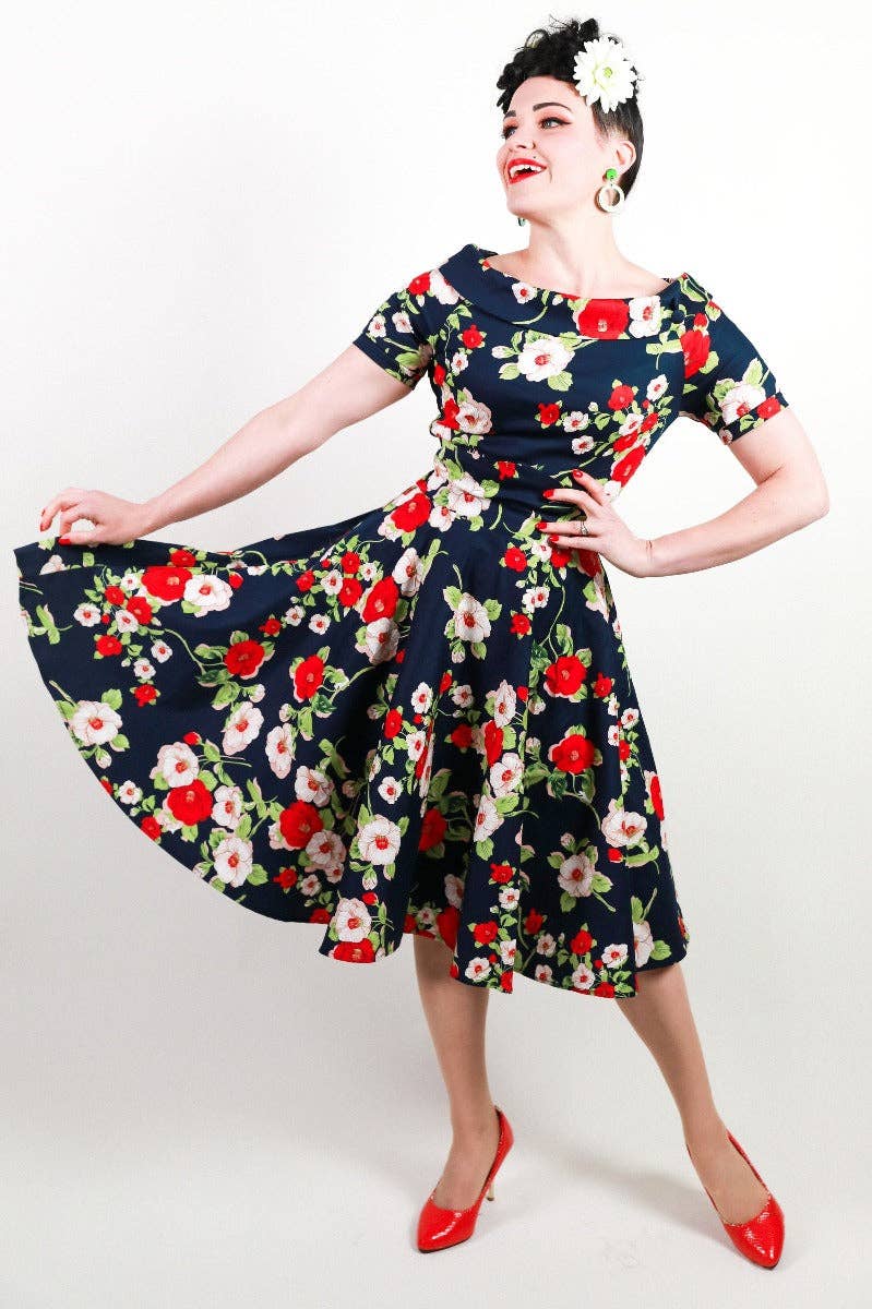 Dolly & Dotty - Wholesale Dress - Women's - Darlene Retro Navy Floral Swing Dress3