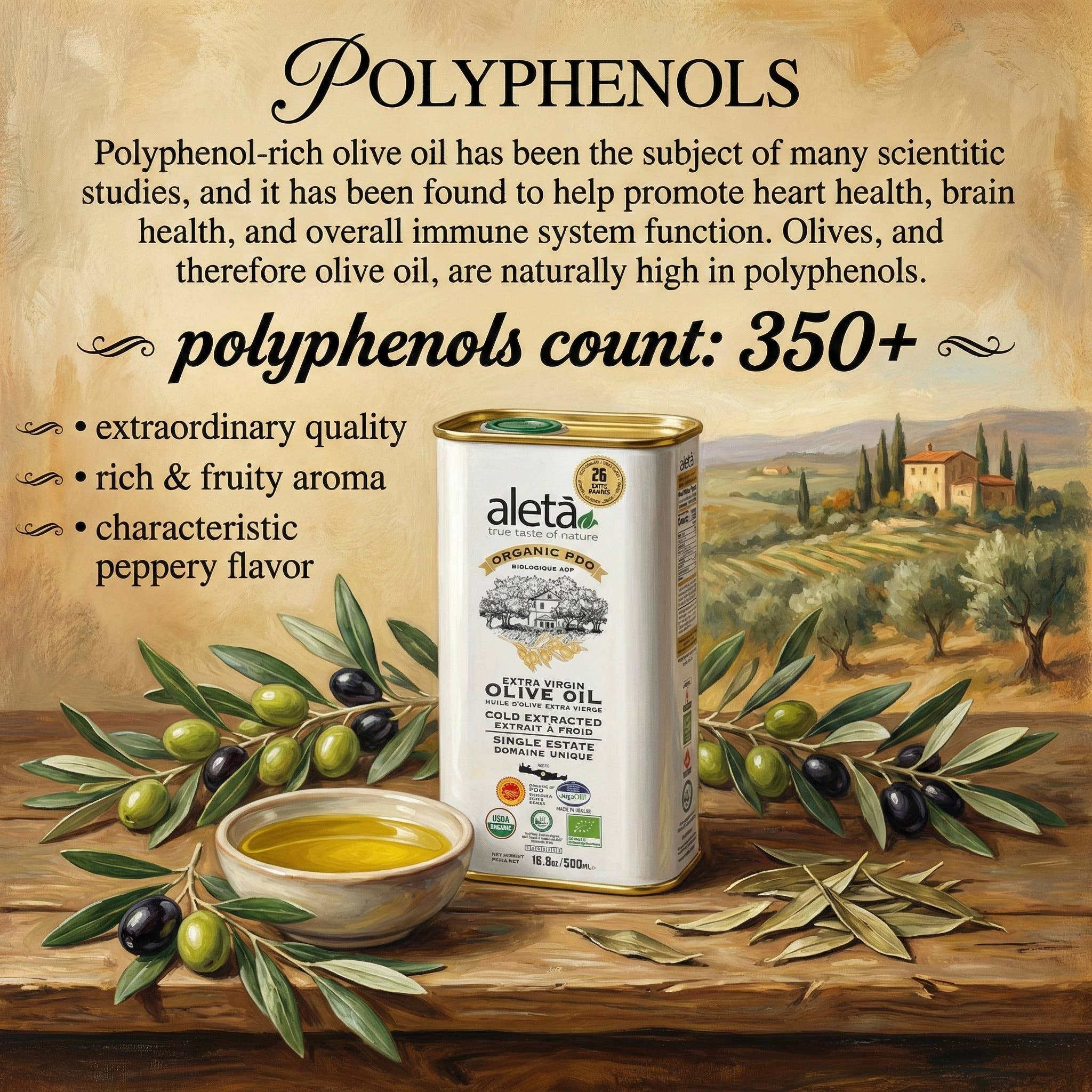 ELLORA FARMS - Wholesale Olive Oil - Aleta Organic Single Estate PDO Extra Virgin Olive Oil, 1 LT1