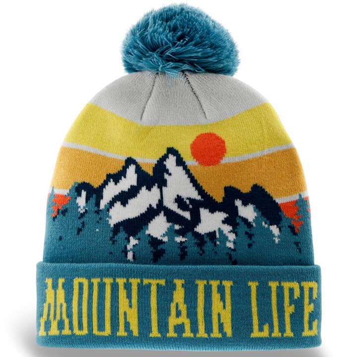 Bonnet Tricoté Coucher de Soleil Mountain Life avec Pompon Chapeau d'Hiver Randonnée Ski Équipement de Neige pour la vente par Northern Icons Creations INC
