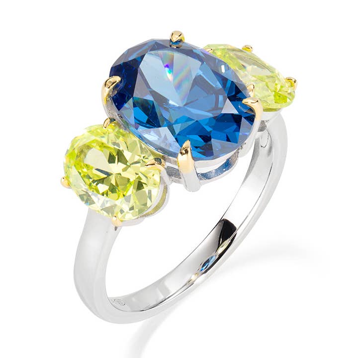Cz-cocktailring van blauw en citroen in sterling zilver voor wholesale door Amen Gioielli