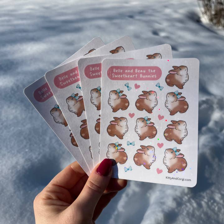 Kitty and Corgi and Friends LLC - Vente Autocollant - Belle et Beau les Lapins Amoureux Feuille d'Autocollants Holographiques1