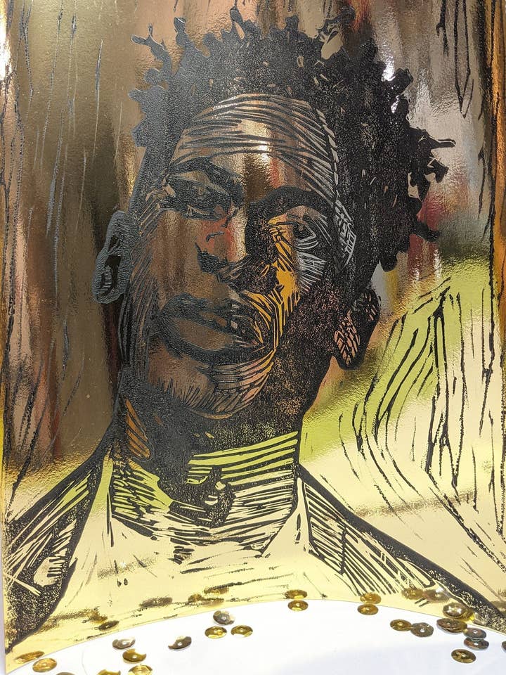 Original Artwork - Jon Batiste Portrait on Gold Foil for wholesale by Sarah Louise Windisch | Printmaker