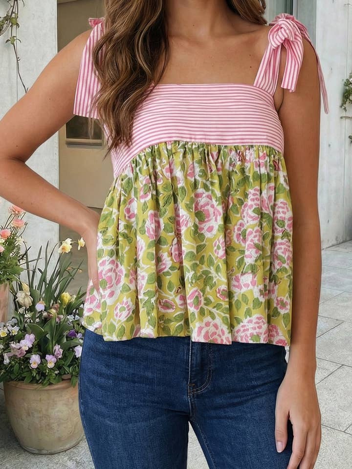 Fashion Printed Knot Straps Babydoll Tank Top (S-XL) for wholesale by 66DISCO