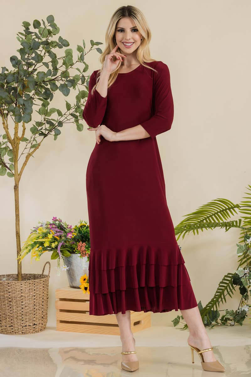 Celeste Clothing – Großhandel Kleid – Damen – Großgrößen-Midikleid mit gestuften Rüschen und 3/4-Ärmeln83