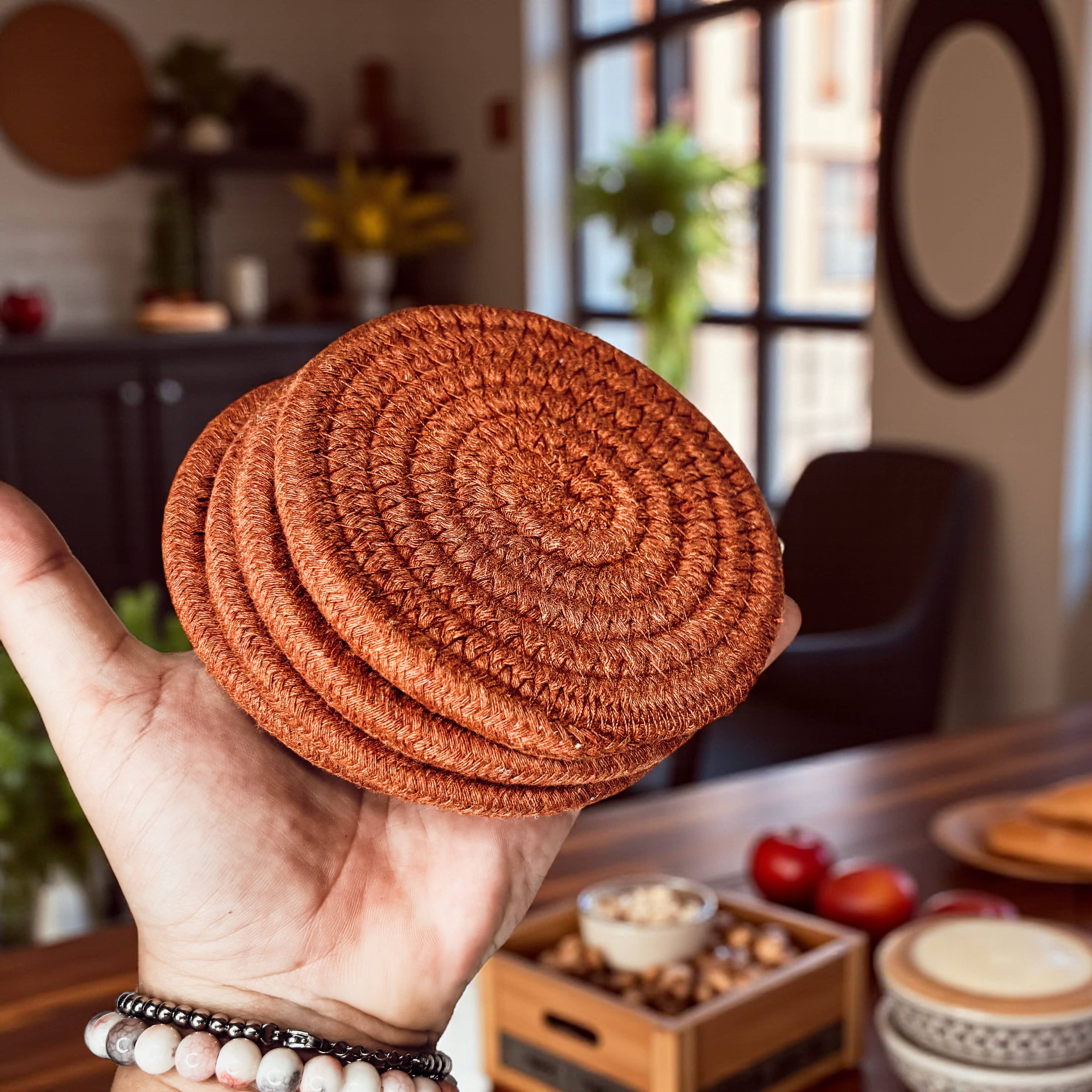 Gia Roma - Wholesale Coasters - Christmas Coasters, Red Candy Cane Braided Cotton Fabric Set63