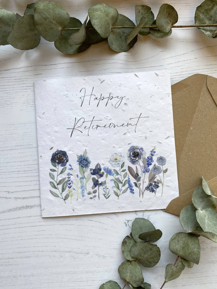 Seed Paper Retirement Card - Dark Blue Flower Meadow for wholesale by PoppyForrest