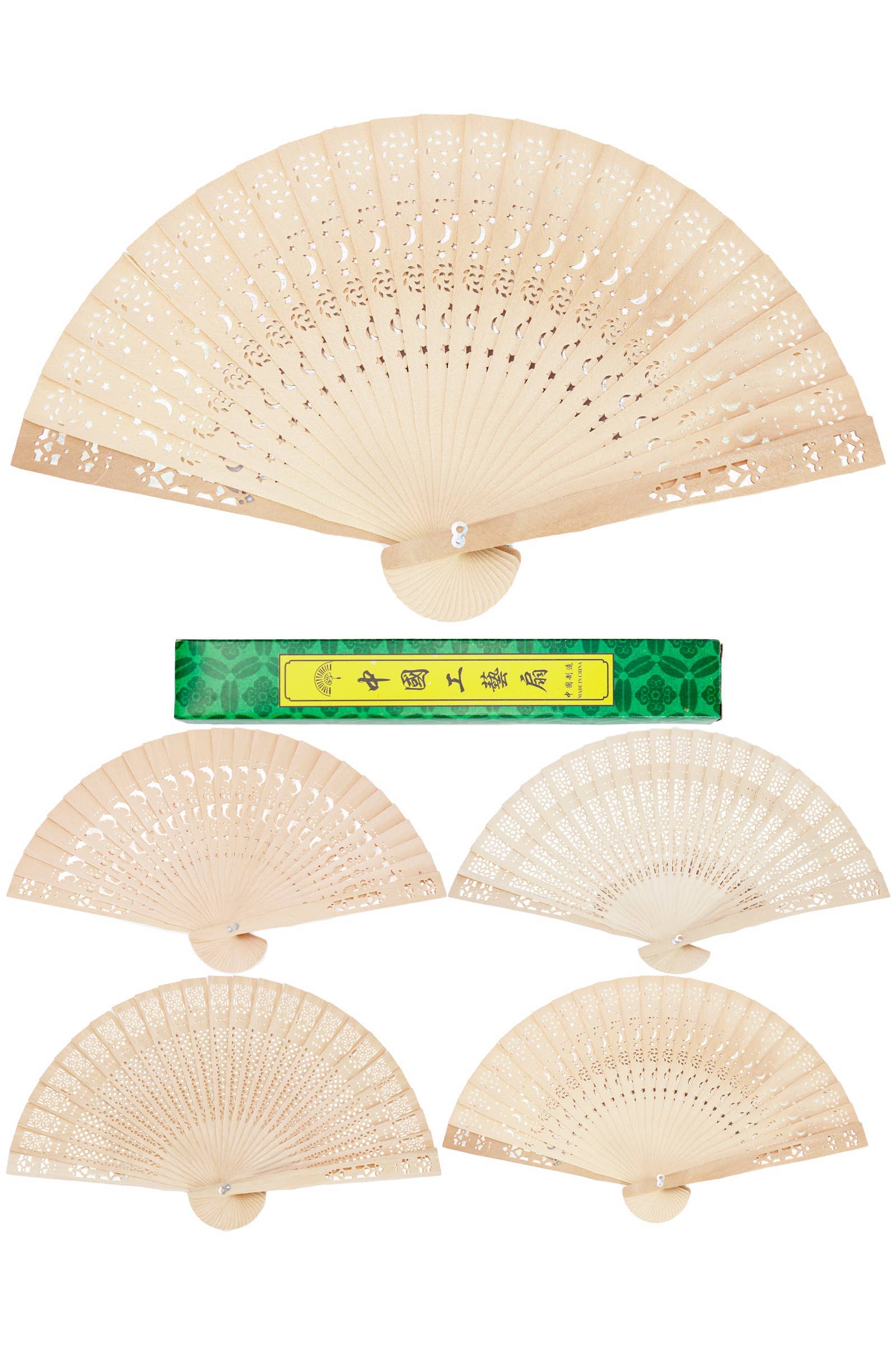 Assortito Ventaglio Mano in Legno Intagliato a Laser con Scatola in vendita all'ingrosso su Faire0
