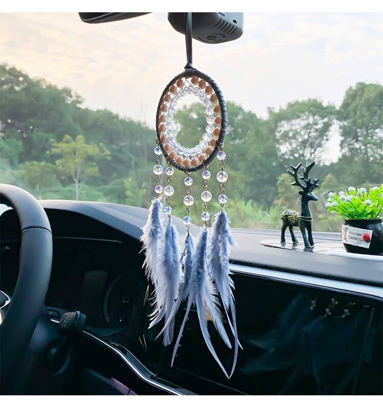 Guzel Handcrafts - Wholesale Dream Catcher - Grey Circle Round Dreamcatcher with Grey Feathers -- Rearview Mirror Hanging or Wall Hanging2