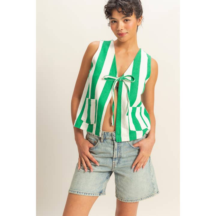 HYFVE - Wholesale Shirt - Women's - DZ25E183-Striped Front Bow Tie Sleeveless Vest