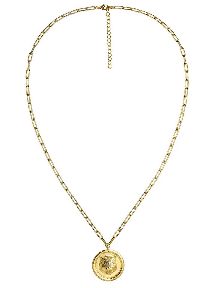 Tiger 3D Disc Coin Necklace - 18k Gold Plated - WS for wholesale by Lisi Lerch