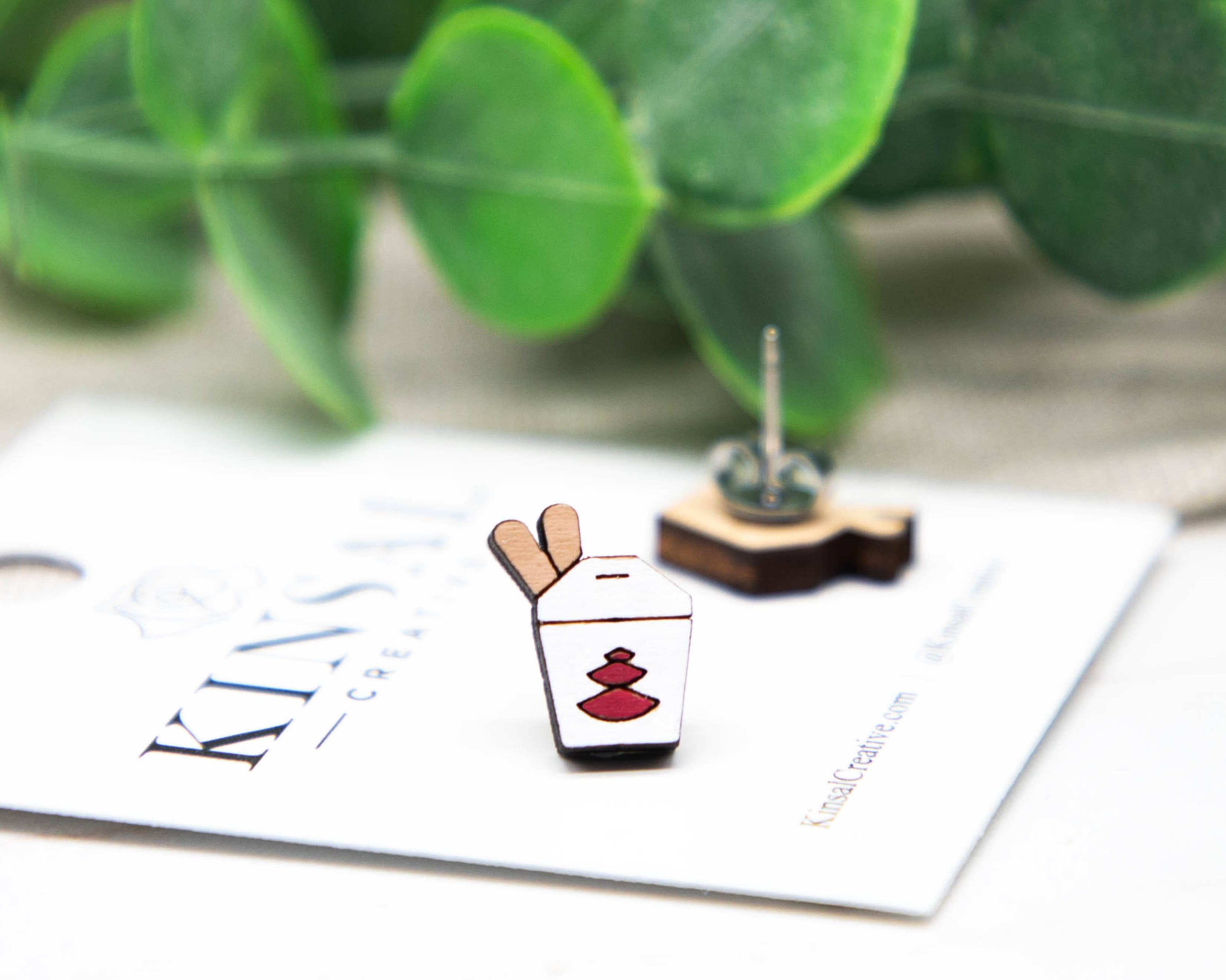 Kinsal Creative - Wholesale Stud/Post Earrings - Chinese Take-Out Box Wood Stud Earrings1