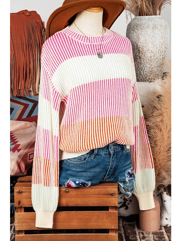 fashionworks - Wholesale Knit Sweater - Women's - Fall Colorblock Textured Knit Bubble Sleeve Sweater