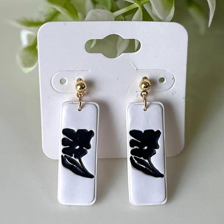 Polymer Clay Floral Black & White Rectangle Earrings for wholesale by K's Craft House