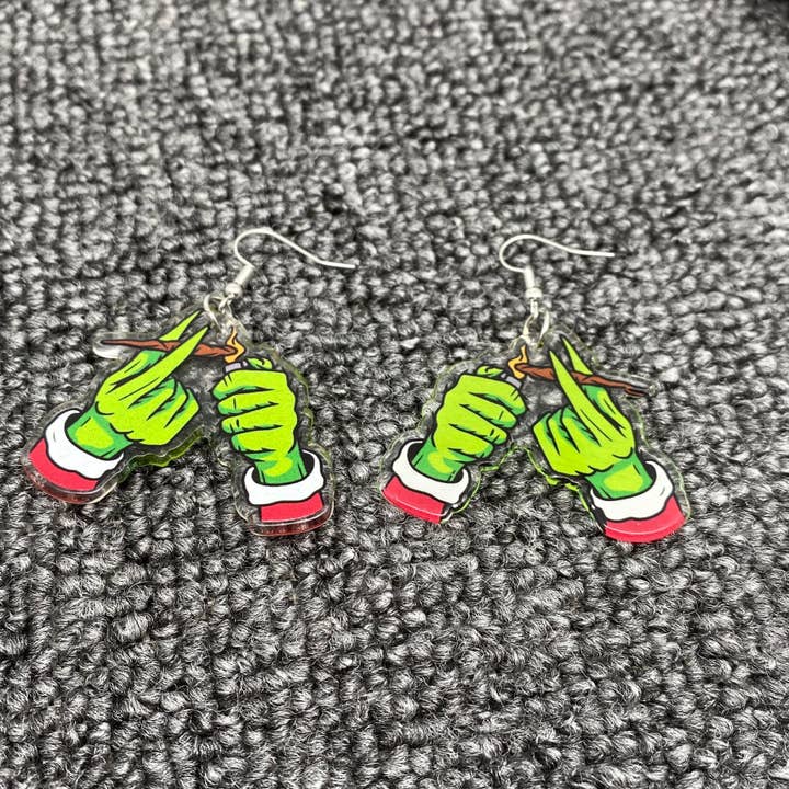 Mio Queena - Wholesale Dangle Earrings - Christmas Acrylic Grinch Hands Light A Cigarette Dangle Earrings2