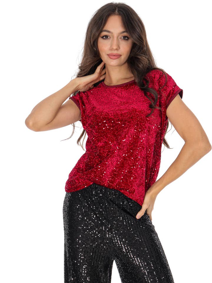 Top corto in paillettes e velluto Rosso per la vendita all'ingrosso da parte di Aimelia
