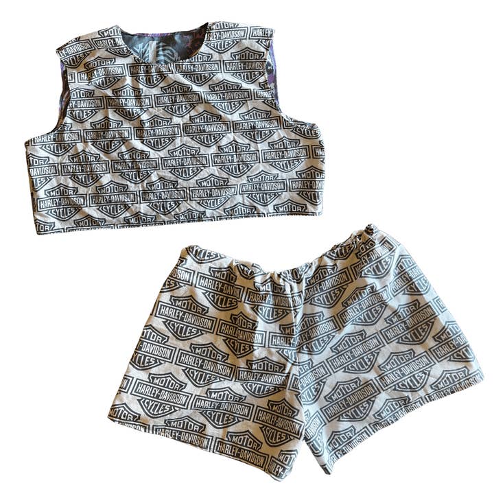Reworked Harley-Davidson Lounge Set – Upcycled Bed Sheet to Crop Top + Shorts | One-of-a-Kind | Handmade in Arizona ♻️ Motorcycle Babe Energy – Only 1 Available for wholesale by The Modern Alien