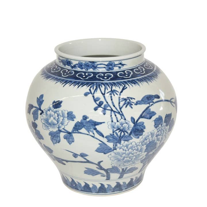 Blue & White Bird Floral Open Top Jar for wholesale by Legend Accents