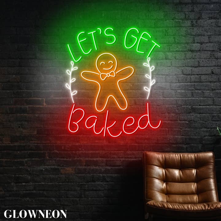 Glow Neon – wholesale Neon sign – Let's Get Baked Neon Sign, Gingerbread Bakery Shop Xmas Sign