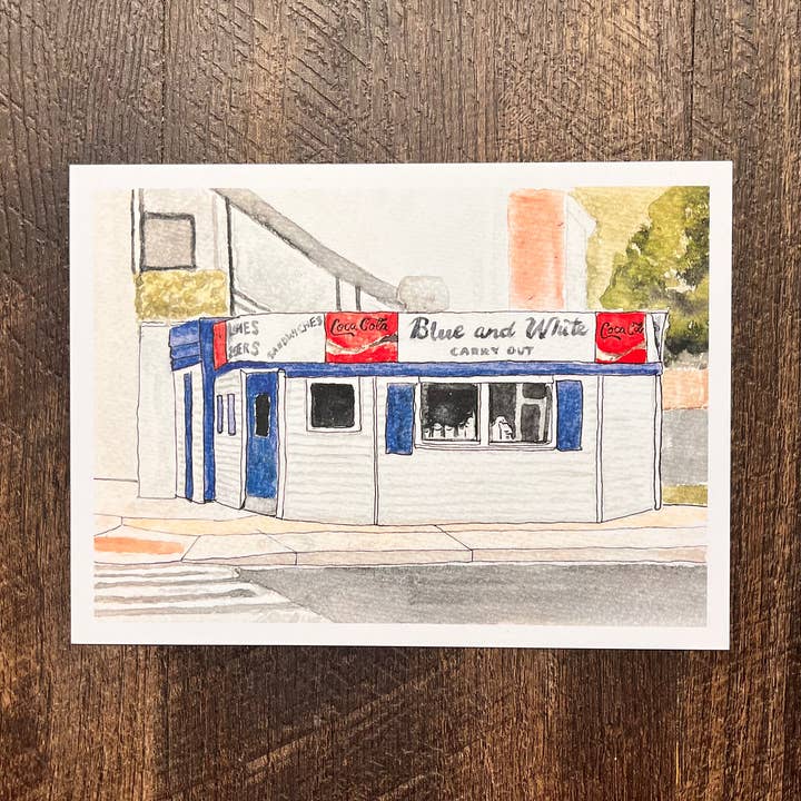 Blue & White Carry Out Print for wholesale by Julianne Woehrle Designs