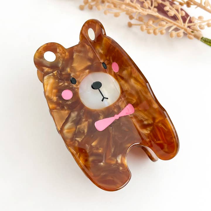 Cute Brown Bear with Pink Bow Acetate Hair Claw Clip for wholesale by mildstyles